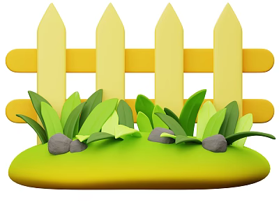 Decorative Ornament Set With Yellow Picket Fence Green Leaves And Gray Stones On Grassy Base 3d model