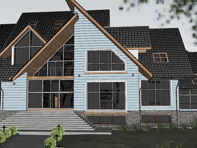 Modern Detached Villa With Blue Exterior Black Roof Large Windows Front Steps And Garden 3d model