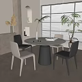 Round Marble Dining Table Set with Four Gray Beige Chairs and Potted Plants 3d model