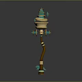 Ornate Magical Weapon with Turquoise and Golden Layered Top and Curved Staff