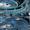 Modern Restaurant Interior With Unique Ceiling Multi Level Layout Dining Tables And Elegant Lighting 3d model