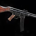 Vintage Military Rifle with Wooden Stock Black Magazine and Engraved Metal Components on Black Background
