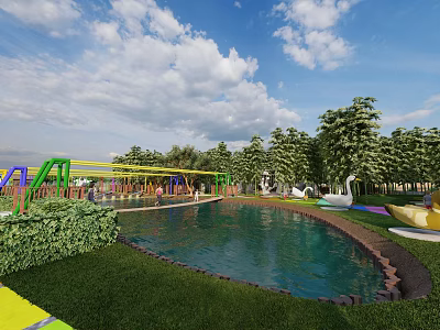 Outdoor Leisure Area With Playground Equipment Pool Green Trees And Swan Decorations 3d model