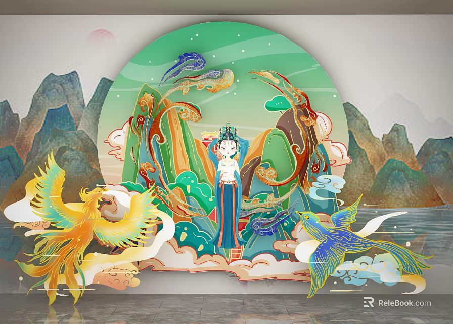 Chinese Style Circular Wall Decor with Phoenix Figure Mountains and Clouds Design 3d model 