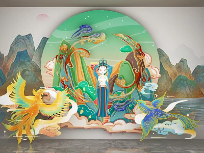 Chinese Style Circular Wall Decor with Phoenix Figure Mountains and Clouds Design 3d model