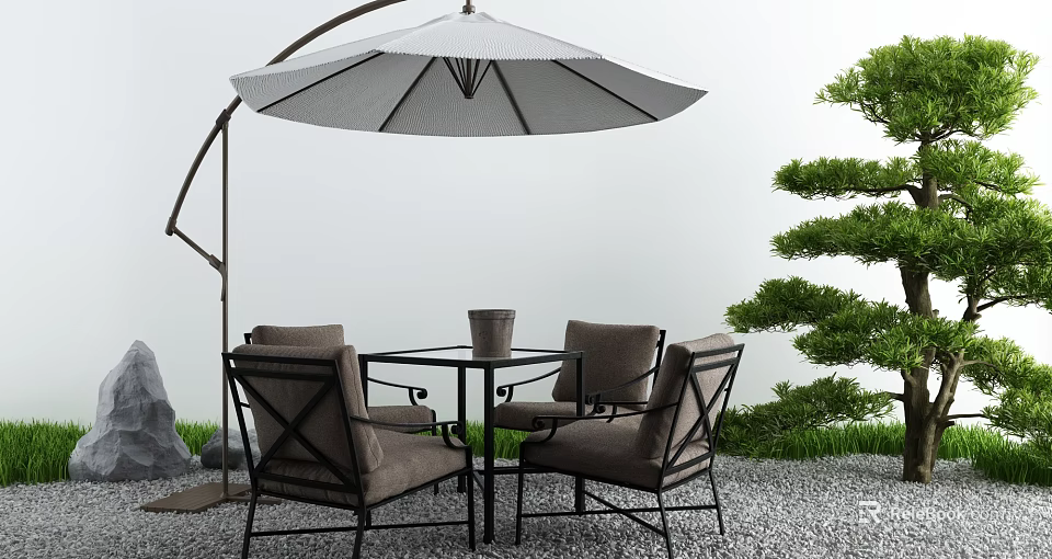 Outdoor Landscape Seating with Umbrella Table Vase Green Plants and Gravel Ground 3d model 