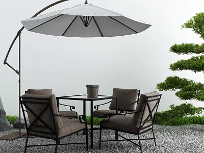 Outdoor Landscape Seating with Umbrella Table Vase Green Plants and Gravel Ground 3d model