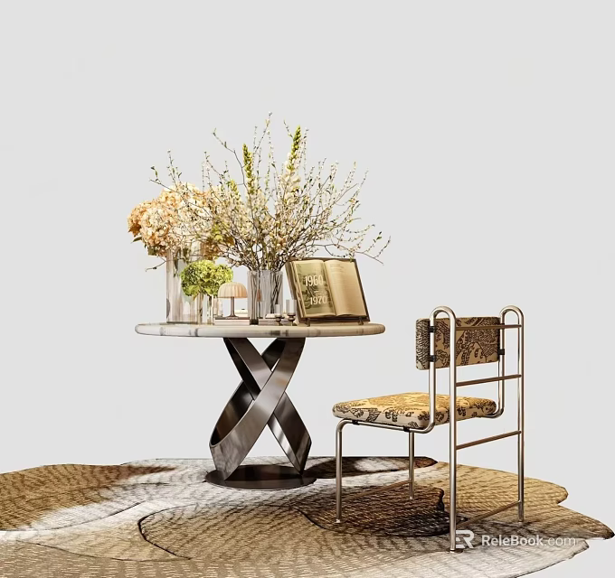 Elegant Decorative Ornament Arrangement with Vase Flower Book on Metal Table and Accent Chair 3d model 