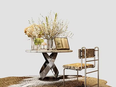 Elegant Decorative Ornament Arrangement with Vase Flower Book on Metal Table and Accent Chair 3d model