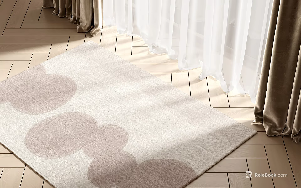 Square Rug With Cloud Pattern On Wooden Floor Near Curtains 3d model