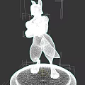 3D Anthropomorphic Wolf Character Featuring Grey Fur Blue Clothing And Blue Orbs On Round Base