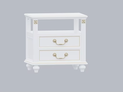White Bedside Table With Two Drawers Golden Handles Ornamental Corners And Sturdy Legs 3d model