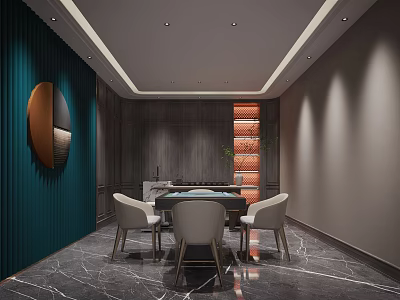 Hotel Mahjong Room Interior With Dark Walls Marble Flooring And Circular Decor 3d model