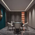 Hotel Mahjong Room Interior With Dark Walls Marble Flooring And Circular Decor