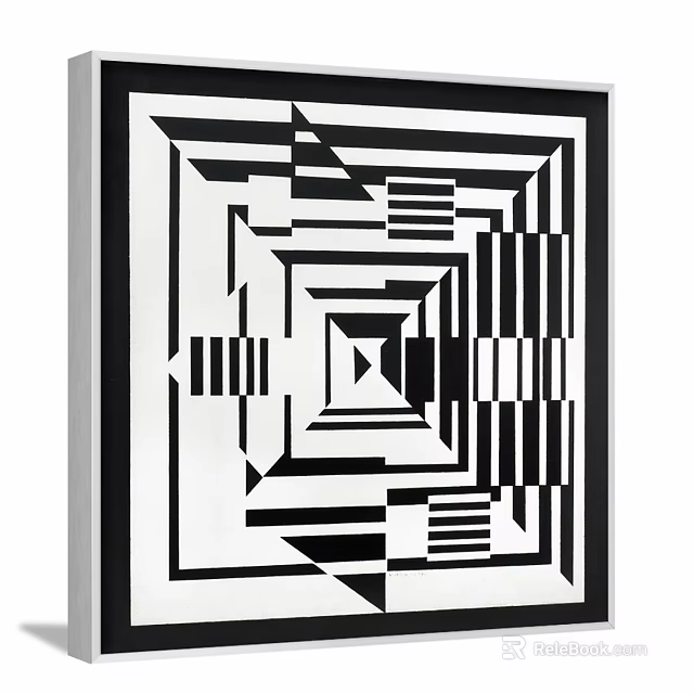 Black and White Abstract Painting Featuring Geometric Stripes Squares Illusion And Symmetrical Design 3d model 