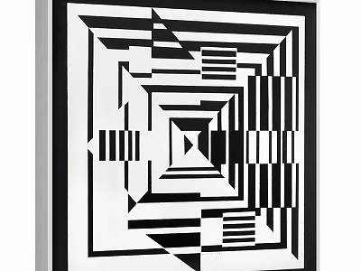 Black and White Abstract Painting Featuring Geometric Stripes Squares Illusion And Symmetrical Design 3d model