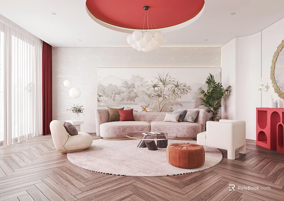 Modern Living Room With Red Circular Chandelier Large Decorative Painting And Sofa With Cushions 3d model 