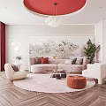 Modern Living Room With Red Circular Chandelier Large Decorative Painting And Sofa With Cushions