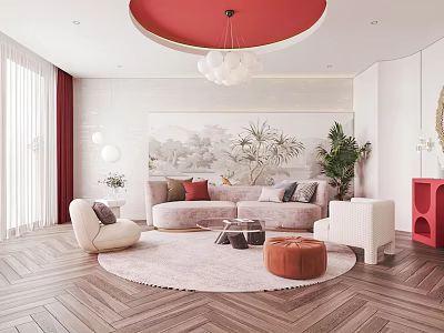 Modern Living Room With Red Circular Chandelier Large Decorative Painting And Sofa With Cushions 3d model