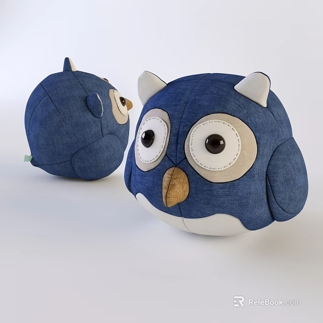 Blue Owl Plush Doll With Big Eyes White Ears And Brown Beak 3d model 