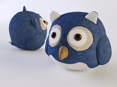 Blue Owl Plush Doll With Big Eyes White Ears And Brown Beak 3d model