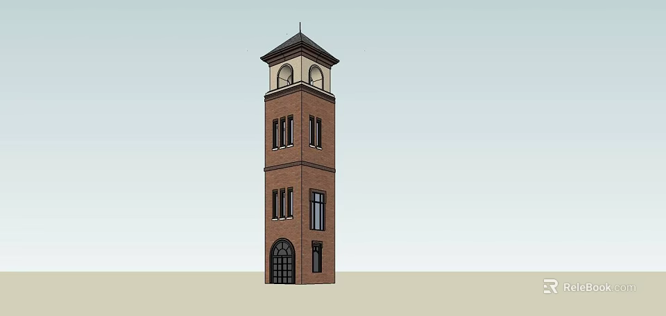 Tall Brick Tower Featuring Multiple Floors Arched Windows And Sloped Roof 3d model