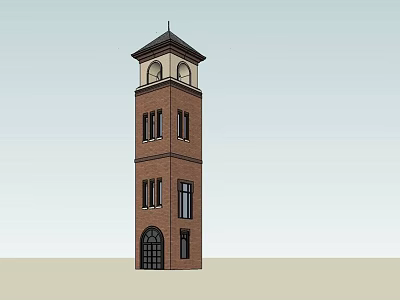 Tall Brick Tower Featuring Multiple Floors Arched Windows And Sloped Roof 3d model