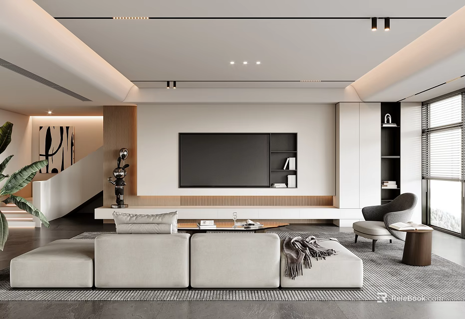 Modern Minimalist Living Room Interior With Beige L-shaped Sofa Large Screen TV And Natural Light 3d model 