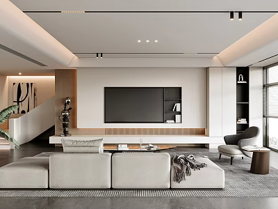 Modern Minimalist Living Room Interior With Beige L-shaped Sofa Large Screen TV And Natural Light 3d model