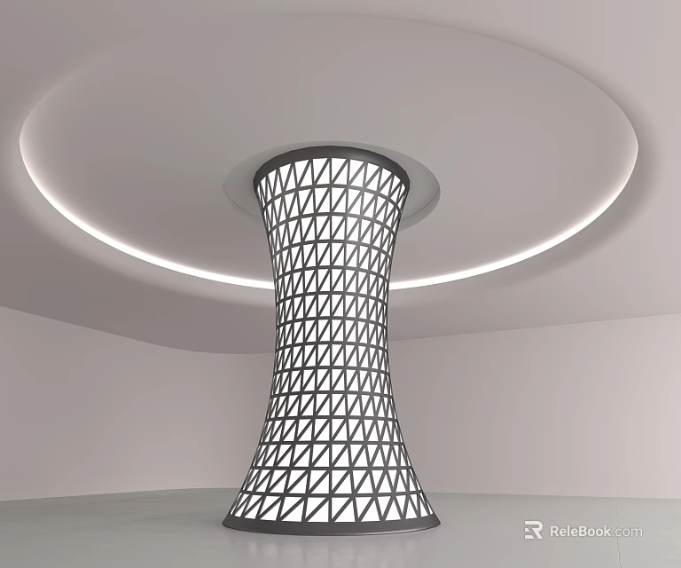 Modern Geometric Lattice Pillar Design With Surrounding Circular Lighting In Minimalist Interior 3d model 
