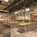Contemporary Restaurant Interior Design Featuring Metal Wooden Tables Hanging Lights And Wall Decor
