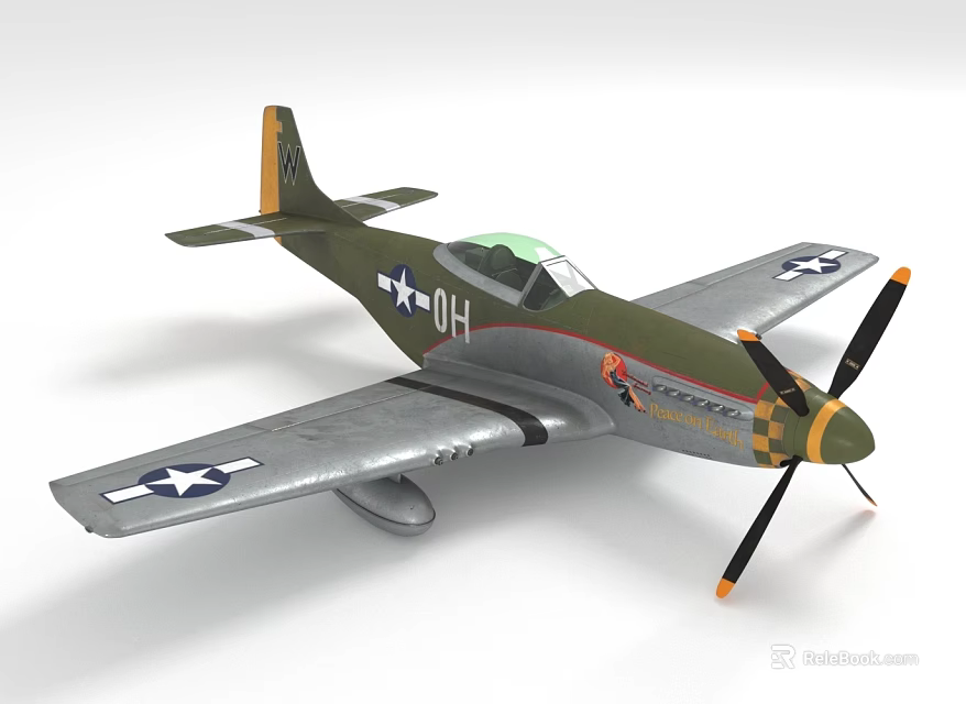 Green Silver Fighter Jet with UH Marking Star Emblem and Propeller Design 3d model 