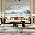 Traditional Chinese Living Room Interior With Chandelier Mountain Landscape Painting Sofa And Lit Shelves