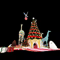 Christmas Decorative Scene With Tree Giraffes Hot Air Balloon Gifts And Snow Piles