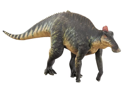 Realistic Dinosaur Model With Spiked Back Red Head Crest And Striped Body 3d model