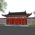 Traditional Ancient Architecture With Overhanging Black Tiled Eaves Red Wooden Doors And Pink Flowering Trees