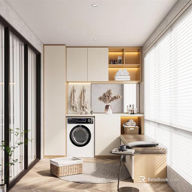 Modern Home Balcony With Washing Machine Storage Cabinets Blinds Plants And Bench 3d model 