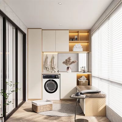 Modern Home Balcony With Washing Machine Storage Cabinets Blinds Plants And Bench 3d model
