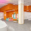 Colorful Modern Specialty Store Open Space With Hanging Transparent Installations Orange Grid And White Platforms