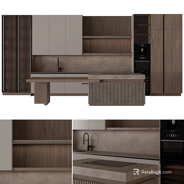 Modern Kitchen Interior With Wooden Textured Cabinets Island And Appliances 3d model 