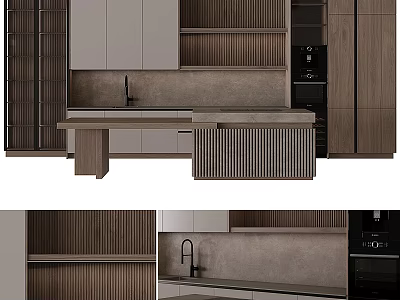 Modern Kitchen Interior With Wooden Textured Cabinets Island And Appliances 3d model