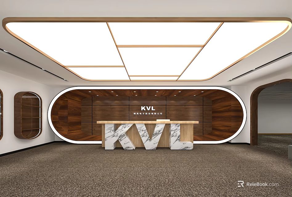 Modern Reception Area With KVL Logo Marble Counter Wooden Backdrop And Modern Ceiling Lighting 3d model 
