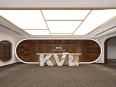 Modern Reception Area With KVL Logo Marble Counter Wooden Backdrop And Modern Ceiling Lighting 3d model