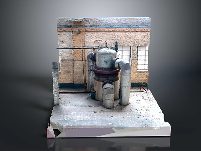 Industrial Mechanical Equipment Setup On Concrete Platform With Brick Wall Background And Metal Pipes 3d model