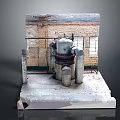 Industrial Mechanical Equipment Setup On Concrete Platform With Brick Wall Background And Metal Pipes