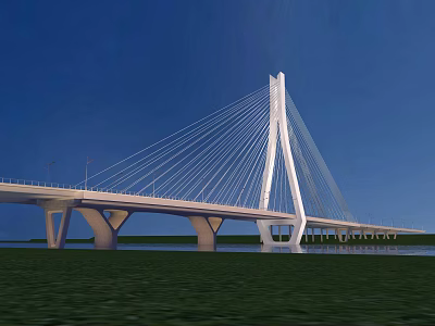 Modern Cable Stayed Bridge Design With Blue Sky Green Field And Water Below 3d model