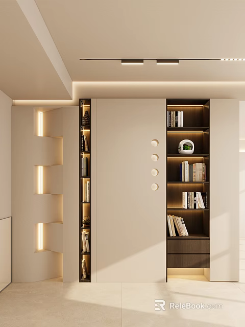 Modern Entryway Hallway Interior Design With Built in Bookshelves And Recessed Lighting 3d model 