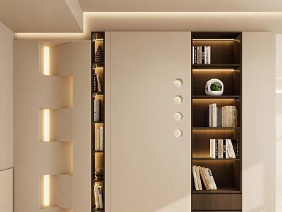 Modern Entryway Hallway Interior Design With Built in Bookshelves And Recessed Lighting 3d model