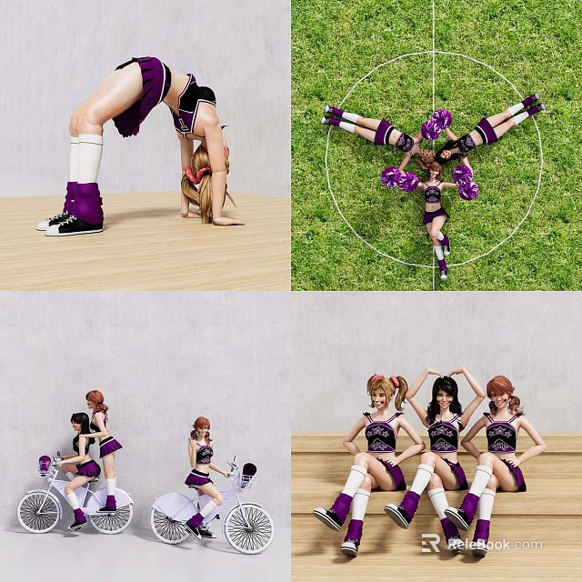 Cheerleaders In Purple Uniforms Performing Stunts On Grass And Wooden Floor 3d model 