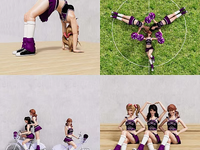 Cheerleaders In Purple Uniforms Performing Stunts On Grass And Wooden Floor 3d model